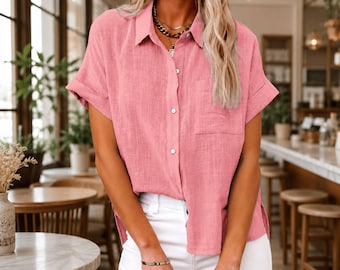 Chemise boutonnée décontractée pour femme, chemisier d'été surdimensionné, haut ample