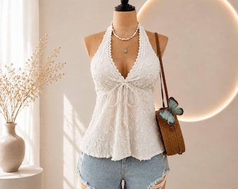 Boho Crochet Halter Top – Summer Festival Crop Blouse for Women