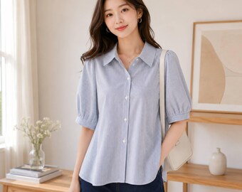 Women's Cotton Puff Sleeve Blouse, Blue Stripe Button-Up Top, Casual Summer Wear