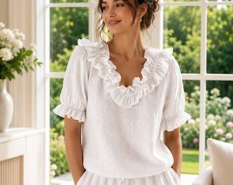 Chemisier à volants élégant, haut fluide à manches bouffantes, chemise cottagecore, chemisier bohème pour femme