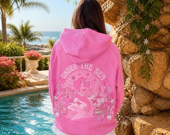 Under the Sea Embroidery Hoodie – Mysig turkos överdimensionerad tröja för kvinnor och tonåringar