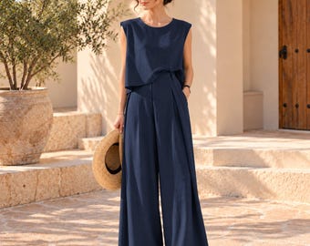 Ensemble deux pièces pour femme, haut sans manches et pantalon large, tenue d'été décontractée