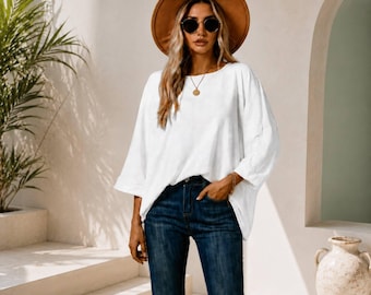 T-shirt oversize à manches chauve-souris pour femme - Haut ample décontracté, confortable et tendance