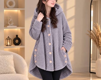 Women's Hooded Jacket, Patterned Button Front Coat, Long Sleeve Casual Outerwear