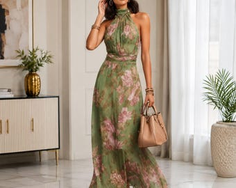 Robe longue élégante à fleurs, col halter vert, robe d'été fluide