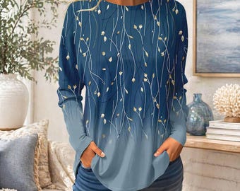Haut en coton botanique pour femme, tunique coupe ample à manches longues, chemisier pour femme, fait main