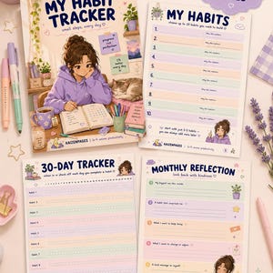 May include: A set of four printable habit tracker pages with a soft pastel color scheme. The pages include a 30-day tracker, a monthly reflection sheet, and a page to list up to 10 habits. The text includes "My Habit Tracker" and "My Habits".