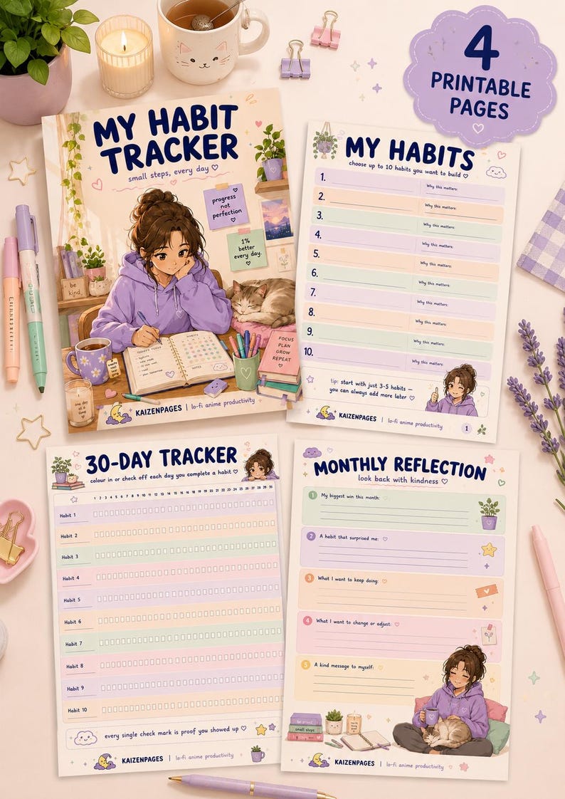 May include: A set of four printable habit tracker pages with a soft pastel color scheme. The pages include a 30-day tracker, a monthly reflection sheet, and a page to list up to 10 habits. The text includes "My Habit Tracker" and "My Habits".
