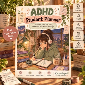 May include: An ADHD Student Planner printable guide featuring an anime-style illustration of a person with headphones studying at a desk. The cover includes text, a checklist, a digital clock, a mug, and icons for print at home and instant download.
