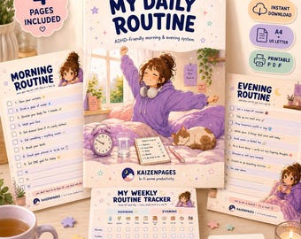 May include: ADHD-Friendly Routine Bundle with a My Daily Routine cover, morning and evening routine pages, and a weekly tracker. The bundle includes a printable PDF and is designed for building habits and reducing overwhelm. The color scheme is soft purple and white.