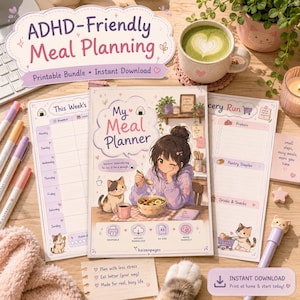 Op de afbeelding: Een set afdrukbare maaltijdplanners met de tekst "ADHD-Friendly Meal Planning". Het ontwerp omvat een weekplanner, een boodschappenlijst en een "My Meal Planner"-omslag met een anime-stijl illustratie van een persoon en een kat.