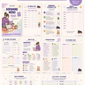 May include: A 10-page printable bundle with an ADHD-friendly reset system. The pages include a dopamine menu, energy map, emergency dopamine plan, weekly planner, and more. The design features cute illustrations and pastel colors.
