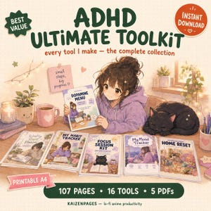 Può includere: Un set di planner digitali ADHD Ultimate Toolkit con 107 pagine, 16 strumenti e 5 PDF. La collezione include un menu dopamina, un planner settimanale, un tracker delle abitudini, un kit per la concentrazione e una guida al riordino in A4.
