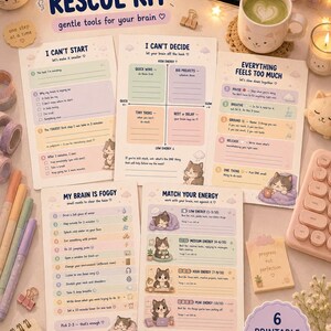 ADHD Rescue Kit Printable Bundle | Executive Dysfunction Toolkit | Kawaii Cat BrainFogWorksheet | OverwhelmReset | TaskInitiation | PDF