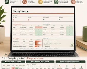 Student Planner Excel & Google Sheets – Auto-Updating Assignment, Exam Calendar, GPA and Habit Tracker