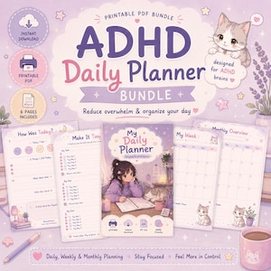 May include: A printable PDF bundle featuring an ADHD daily planner. The design includes a cover with a girl and a cat, plus pages for daily, weekly, and monthly planning. The color scheme is soft purple and pink, with the text "ADHD Daily Planner".
