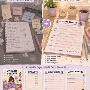 May include: Digital printable habit tracker with a before and after theme. The "before" side shows a messy desk with a to-do list, while the "after" side features a 30-day tracker and a plant. Includes 4 printable pages to build better habits.