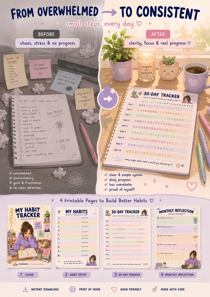 May include: Digital printable habit tracker with a before and after theme. The "before" side shows a messy desk with a to-do list, while the "after" side features a 30-day tracker and a plant. Includes 4 printable pages to build better habits.