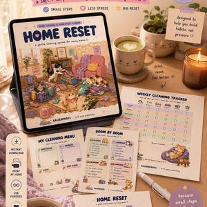 May include: Digital ADHD reset routine planner with a tablet displaying a cozy illustration of cats. Includes printable pages, a cleaning menu, and a weekly cleaning tracker. The theme is a gentle cleaning system for messy brains.