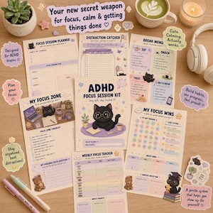 Könnte beinhalten: Eine Sammlung von ADHD-Fokus-Session-Planer-Blättern mit Pastellfarben, Illustrationen von schwarzen Katzen und verschiedenen Organisationsbereichen, darunter ein 30-Tage-Tracker, ein wöchentlicher Fokus-Tracker und Checklisten mit Text wie ADHD Focus Session Kit.