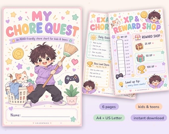 ADHD Chore Chart for Kids & Teens – Gamified Quest Tracker with XP Rewards, Printable