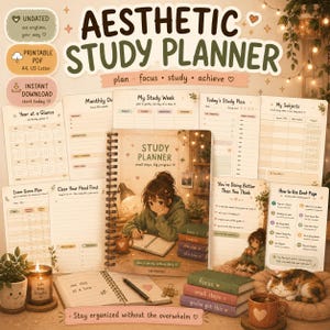 May include: A spiral-bound study planner with a cover illustration of a person writing at a desk, surrounded by various printable planner pages including a year at a glance, weekly schedules, and subject trackers, featuring soft earth tones and text.
