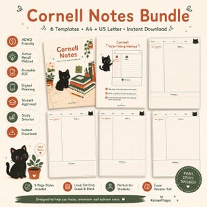 Könnte beinhalten: Ein Cornell-Notizen-Paket mit sechs druckbaren Vorlagen in A4 und US Letter. Das Set enthält verschiedene Seitenlayouts mit linierten, gepunkteten, karierten und leeren Bereichen, die mit schwarzen Katzenillustrationen und Texten verziert sind.