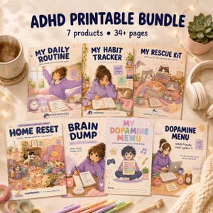 May include: An assortment of seven printable ADHD planners, including "My Daily Routine" and "My Habit Tracker." The bundle features colorful illustrations and the text "ADHD Printable Bundle" with "7 products • 34+ pages."