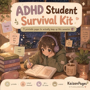 Pode incluir: Ilustração de um Kit de Sobrevivência para Estudantes com TDAH. A imagem apresenta uma pessoa estudando em uma mesa com um caderno, café e notas motivacionais. O texto na imagem diz "ADHD Student Survival Kit" e "9 páginas imprimíveis para realmente acompanhar este semestre."