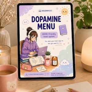 Puede incluir: Una tableta digital muestra una colorida ilustración titulada "Dopamine Menu" de Kaizenpages. La imagen presenta un personaje de estilo anime, libros, una computadora portátil, una taza y una vela. El texto incluye "ADHD-friendly reset system" y "10-page printable bundle."