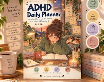 May include: A daily planner cover titled ADHD Daily Planner featuring an anime-style illustration of a person writing in a notebook at a desk with a lamp, a sleeping cat, a mug, and a candle. The design includes text, icons for printable, instant download, A4 and US Letter size, and undated pages.