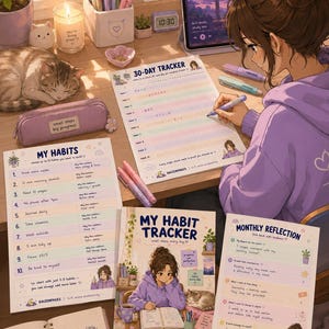 May include: An illustrated scene of a desk with habit trackers, pens, and a tablet. A person is writing on a 30-day tracker. The desk also features a cat, a pencil case, and sticky notes with motivational phrases.