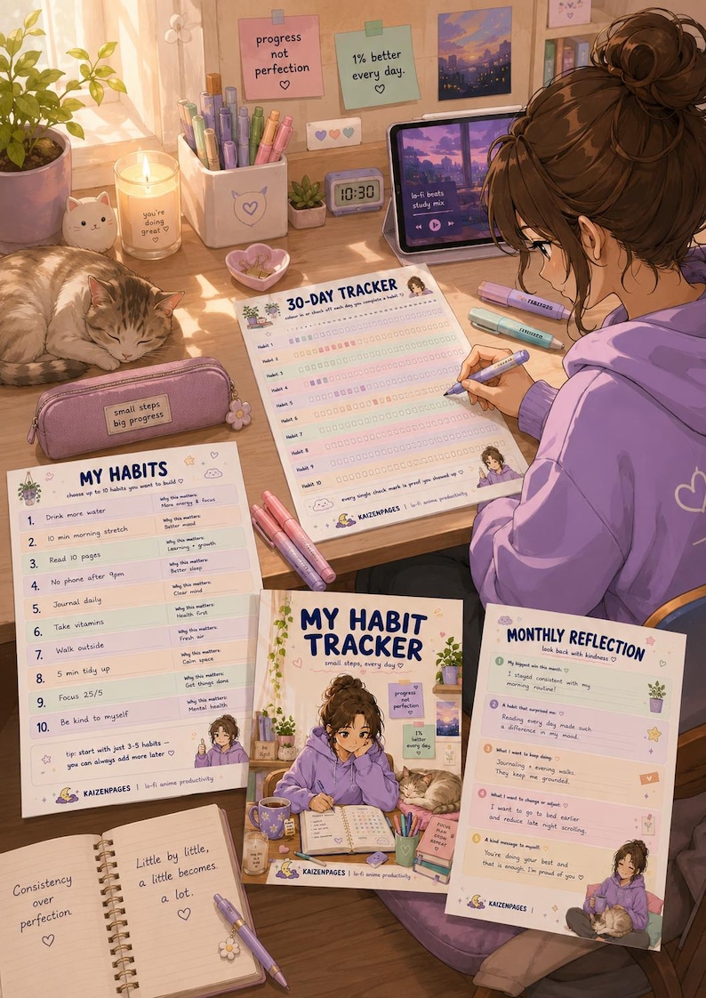May include: An illustrated scene of a desk with habit trackers, pens, and a tablet. A person is writing on a 30-day tracker. The desk also features a cat, a pencil case, and sticky notes with motivational phrases.