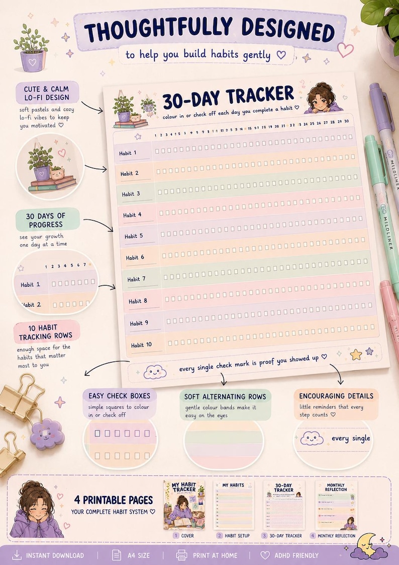 May include: A printable 30-day habit tracker with pastel colors and a lo-fi design. Features ten habit tracking rows, easy check boxes, and encouraging details. Includes four printable pages for a complete habit system.