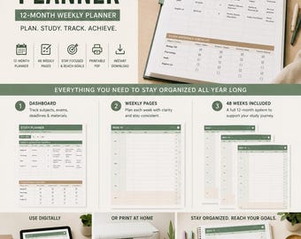 Academic Planner Printable – 12 Months of Weekly Study Pages