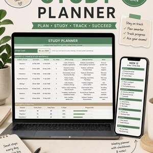 May include: A digital study planner displayed on a laptop and smartphone. The planner includes sections for subjects, exams, and weekly schedules. The design is clean with a green and white color scheme, and the text "Simple Study Planner" is prominently featured.