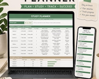 Simple Study Planner Google Sheets + Excel | 12 Month Weekly Student Spreadsheet | College Schedule Tracker