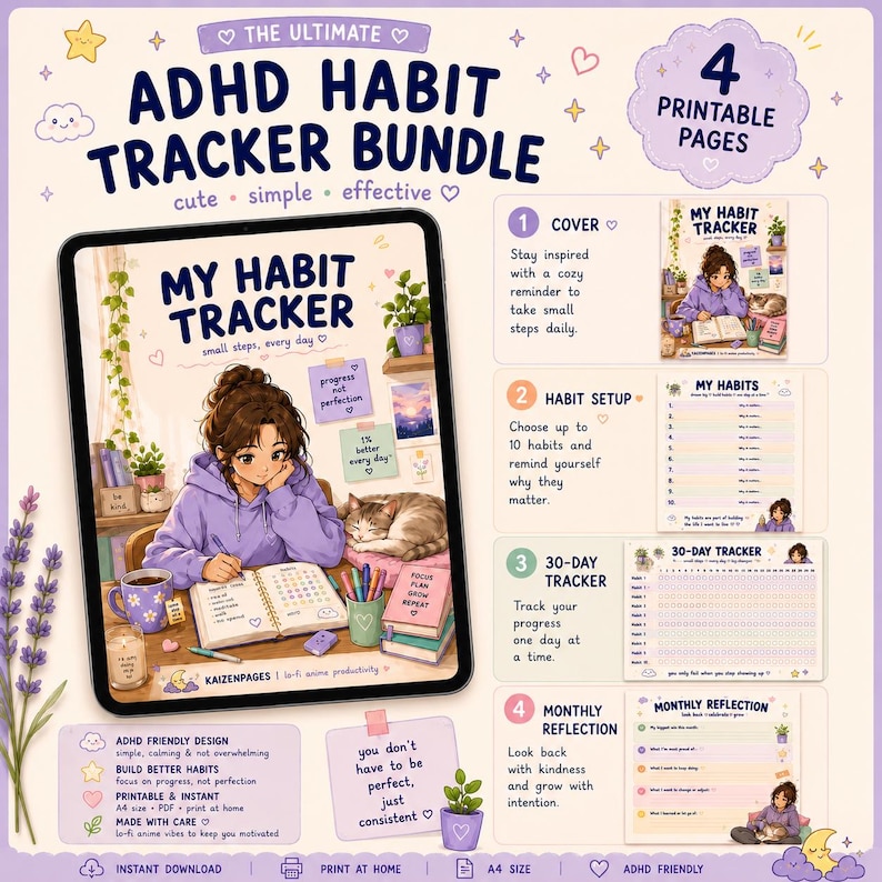 ADHD Habit Tracker Printable – 4 Gentle Pages for Small Daily Wins image 1