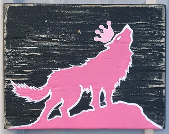 Pink Wolf With Crown On Reclaimed Wood Background Free Shipping