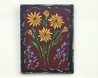 Primitive Folk Art Cottage Yellow And Blue Flowers On Brown And Black Background Farmhouse Daisy Painting