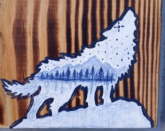 Primitive Folk Art White Wolf With Scenery Inside On Reclaimed Wood Burned Pine Background