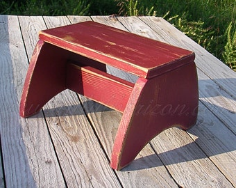 Footstool Primitive Folk Art Step Stool Farmhouse Decor Custom Finish Red Paint Wood Step Stool Furniture Modern Farmhouse Home Decor