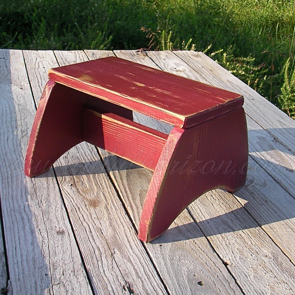 Footstool Primitive Folk Art Step Stool Farmhouse Decor Custom Finish Red Paint Wood Step Stool Furniture Modern Farmhouse Home Decor