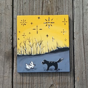 American Indian Inspired Wolf And Rabbit At Sunset Painting On Reclaimed Wood