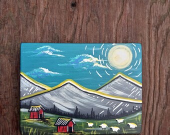 Farmhouse Landscape Primitive Folk Art  Barns And Sheep Painting With Gray Mountains Rustic Country Wall Art