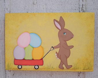Original Easter Bunny Rabbit Painting Hiding Eggs Spring Primitive Folk Art Easter Decor