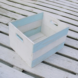 Reclaimed Wood Crate Painted Blue White Medium Bin Beach Cottage Primitive Folk Art Custom Farmhouse Chic Decor Storage Wooden Box Nautical