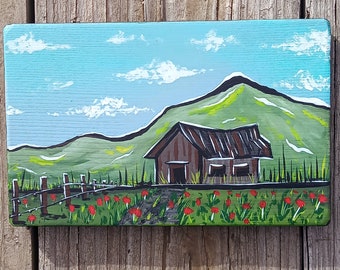 Primitive Farmhouse Landscape Barn Painting With Red Flowers