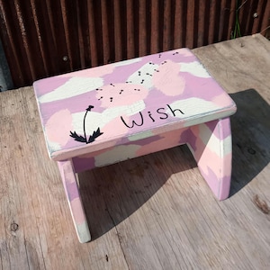 Original Painted Wish Footstool Primitive Folk Art Dandelion Step Stool Cottage Chic Decor Crackled Pink Finish Wood Furniture Shabby Chic