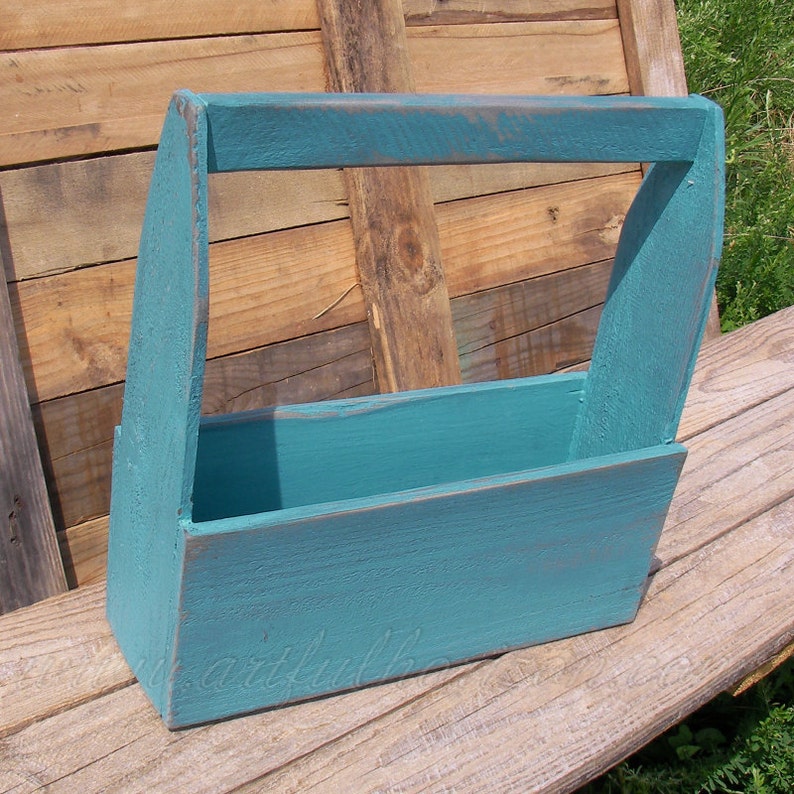Turquoise Wood Tote Box Beach House Decor Wooden Organizer Etsy